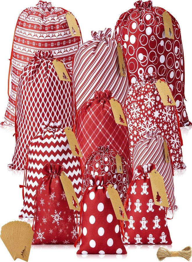 Chumia 12 Pcs Christmas Fabric Gift Bags with Drawstring, Red and White Christmas Gift Reusable Fabric Wrap Bags and 12 Kraft Tags for Xmas Birthday Wedding Party Favors(Snowflake) - Image 1